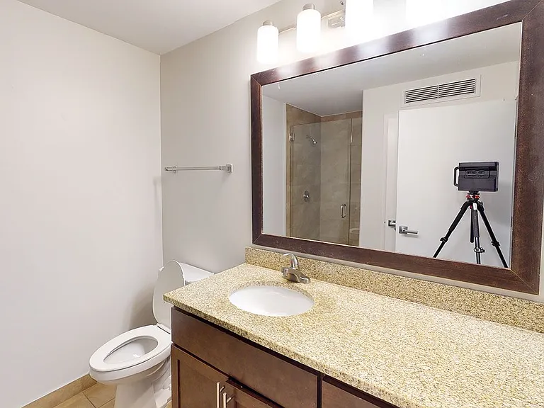 Apartment bathroom with wood-style flooring.