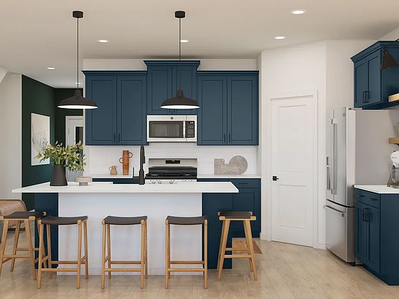 Kitchen with pendant lighting and floating shelves