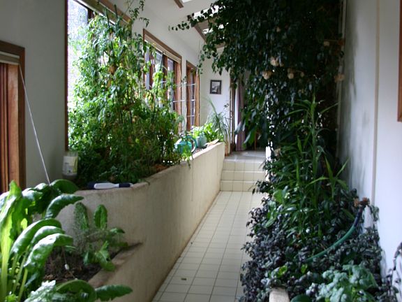 Hallway to bedrooms with planters
