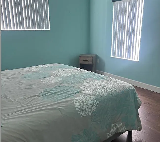Private bedroom with two windows, wood-look flooring, and space for a full/queen bed plus a nightstand.