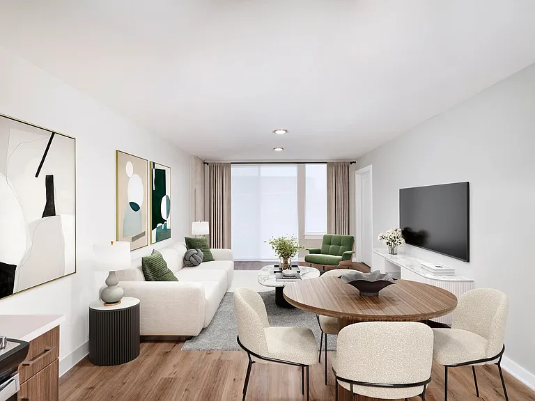 Enjoy meals in a dedicated dining area with ample natural light from oversized windows.