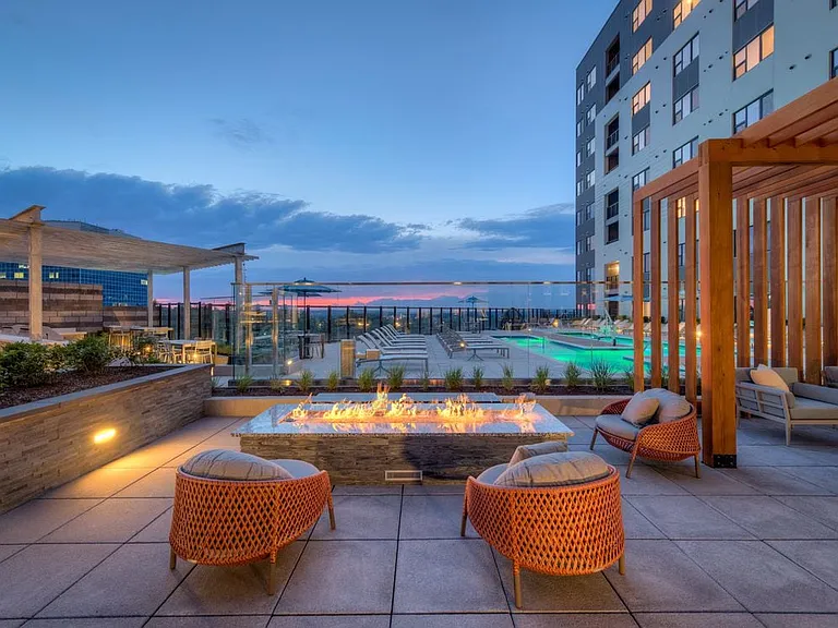 Outdoor fireplace and seating area