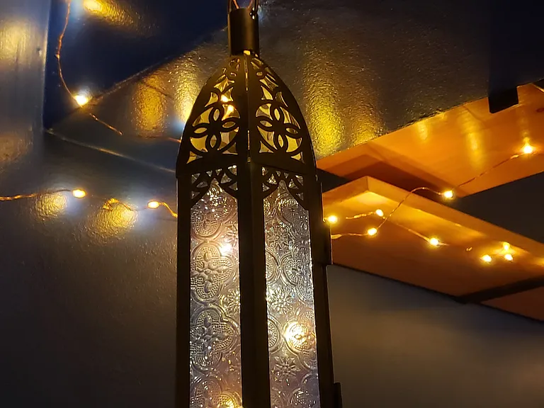 Custom LED art lighting by owner in bedroom.