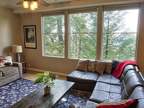 Living room with treetop and lake views
