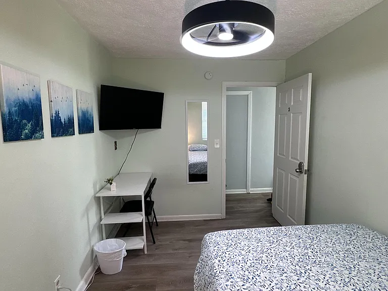 Private bedroom with wood-look flooring, ceiling fan light, wall-mounted TV, and a compact desk workspace.