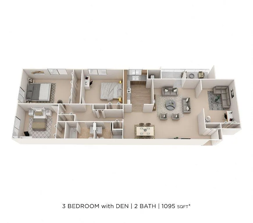 Floor plan Three Bedroom 2 Bath w/ Den - 1,095 sqft