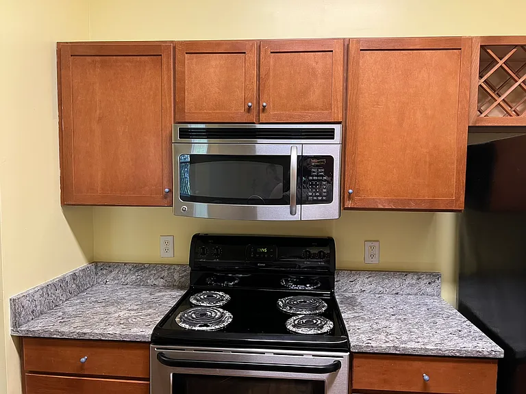 Range and microwave. Refrigerator out of view to the right.