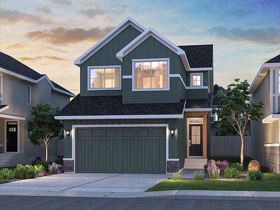 A exterior rendering of the Farmhouse style of the Rundle model by Brookfield Residential