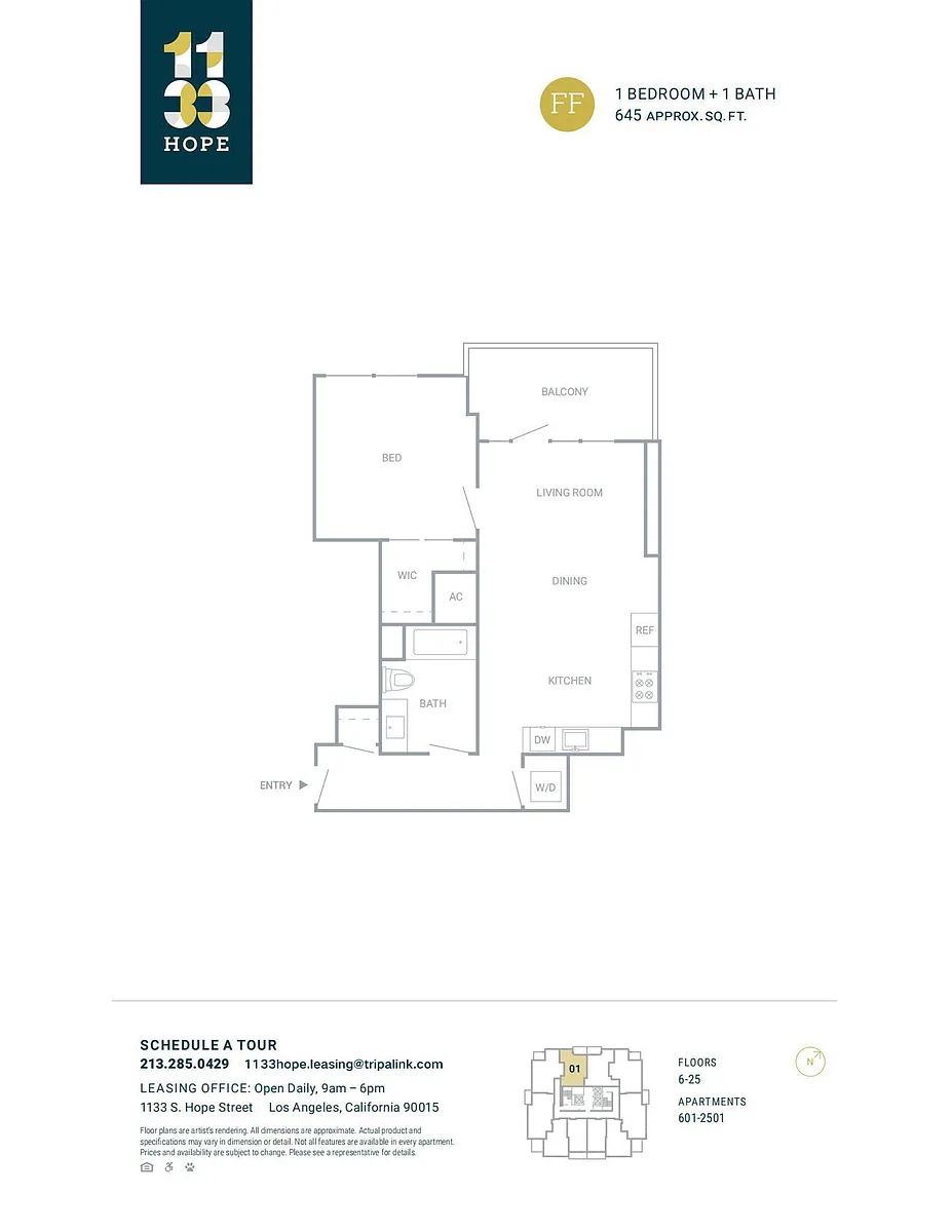 Floor plan 1 Bed 1 Bath - 645 sqft