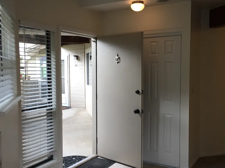 View from the inside to the entry way, showing large closet behind entry door.