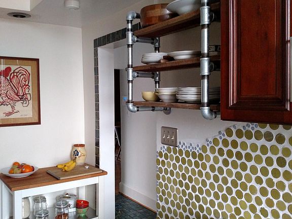 Unique open shelves and tile work