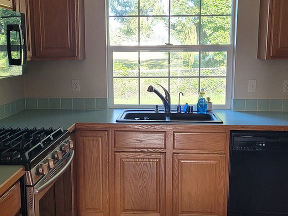 Kitchen window looking into the back yard. Updated gas range and newer microwave.