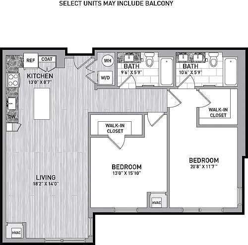 Floor plan 2 Bed 2 Bath-B1