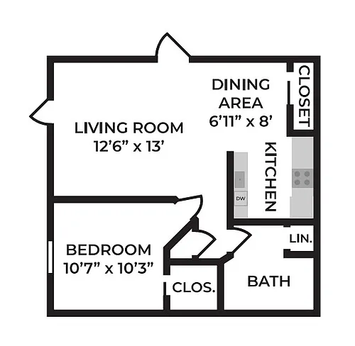 Floor plan 1 Bed, 1 Bath Apartment
