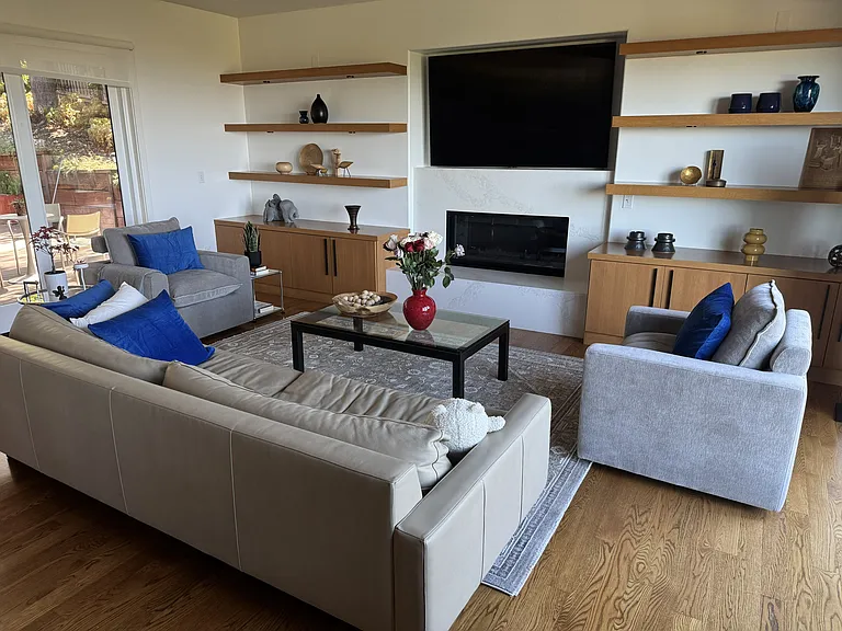 Living room with gas fire place and TV