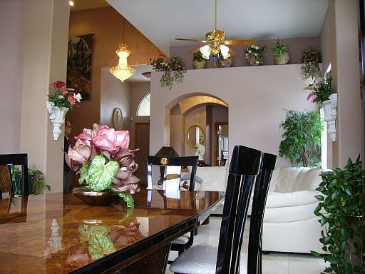 View from the dining room to the living room and high ceil.Foyer!