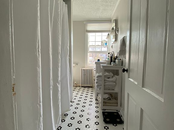 Beautifully renovated bathroom with penny tile floor