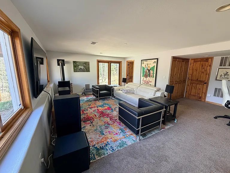 Basement living area with gas fireplace (flip a switch and you have a fireplace) Full walk out basement with newer sliding patio door. Doggie door and bathroom. Beautiful look out windows