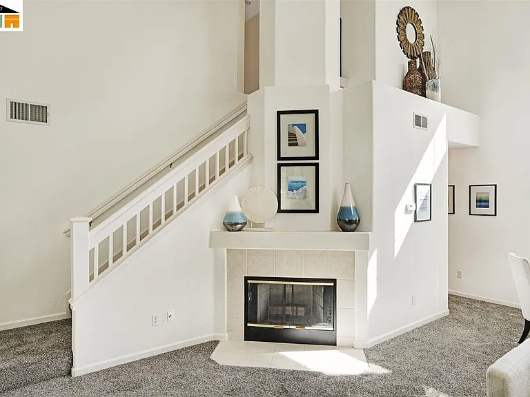 high ceiling living room with staging