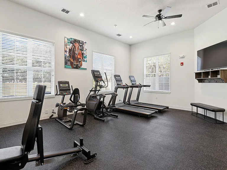 Bright and modern fitness center featuring state-of-the-art treadmills, a stationary bike, and ample natural light, perfect for an energizing workout.