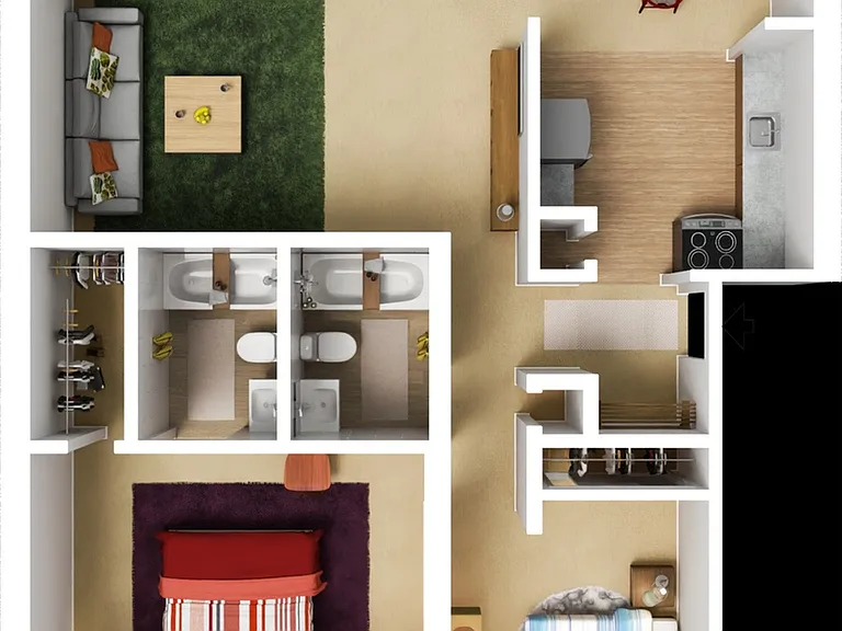 Two Bedroom Garden w/ Fireplace Remodel Model w/ Furniture Two Bedroom Garden w/ Fireplace Remodel Model w/ Furniture