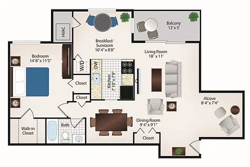 Floor plan 1 Bed 1 Bath with Alcove