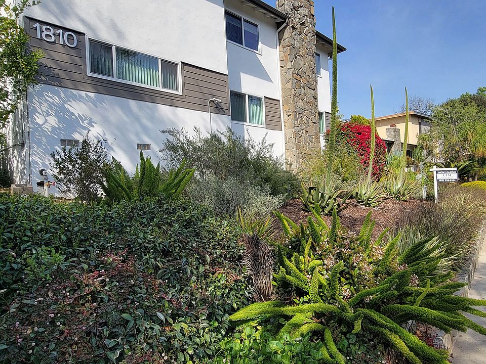 Sidewalk view of front yard landscaping at The Hardison Apartments in Pasadena, California.