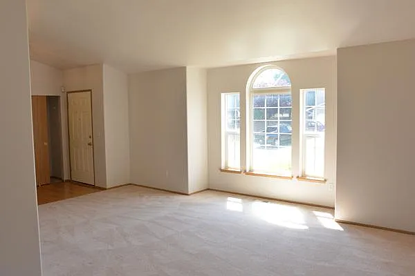 Front door and living room.( Before new vinyl plank flooring)