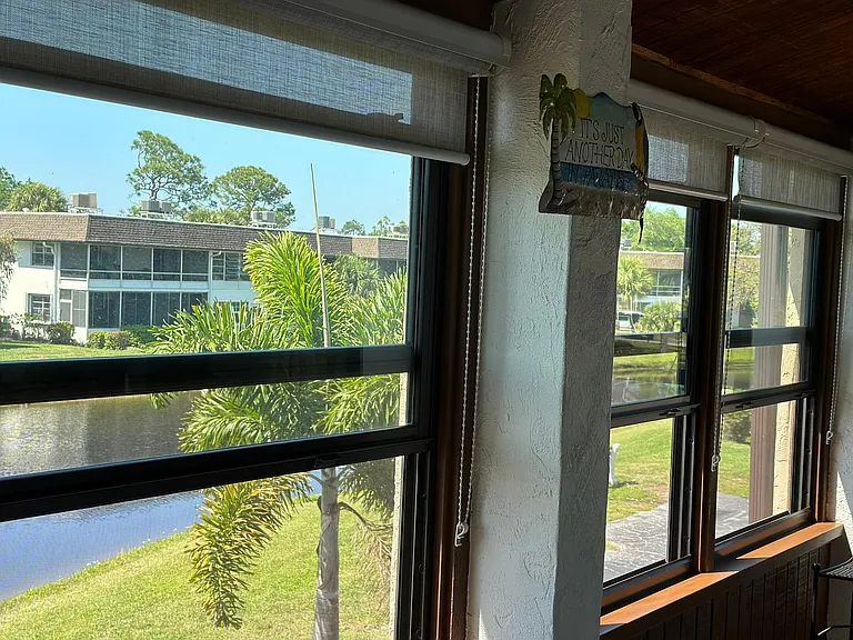 Screened in lanai with view of lake with fountain and beautiful Florida birds.
