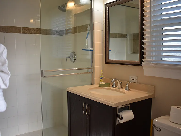 Full bathroom with walk-in shower, located at the back of the home near kitchen