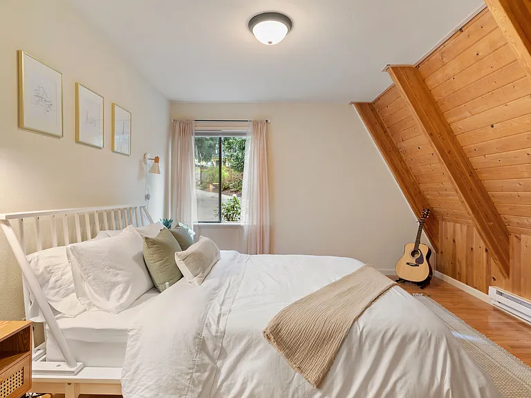 This first floor bedroom has a closet and room darkening blinds but no dresser.