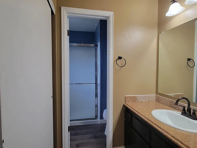 View of primary sink and into the bathroom.