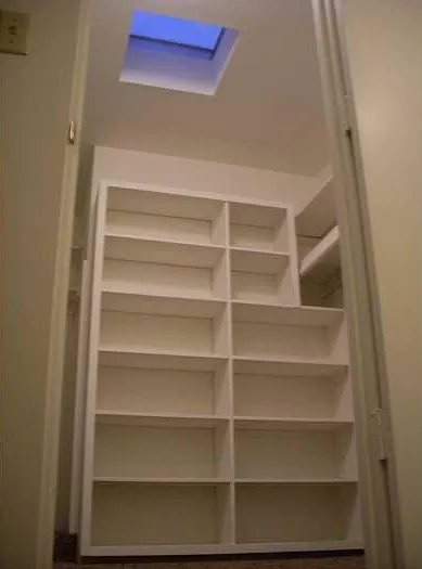 Huge walk-in closet with built-in shelving and skylight in master bedroom. (Only half of the closet is pictured here.)