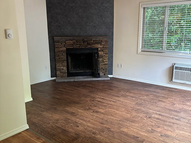 A/C wall unit and wood fireplace