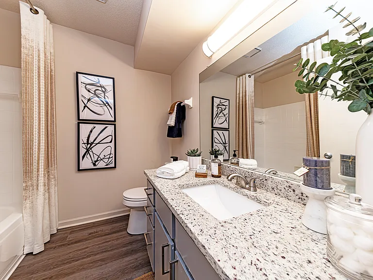 Bright bathroom with granite counters, modern cabinetry, and large mirror