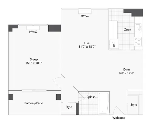 Floor plan 1 BR x 1 BA - E