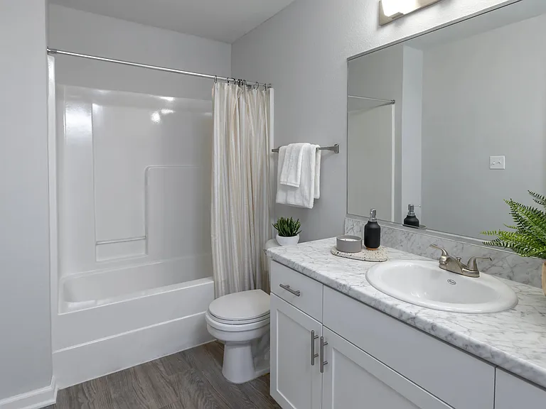 Delight in a chic updated bathroom that's a reflection of luxury.