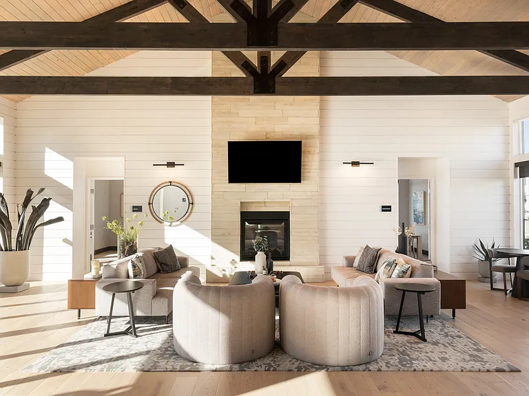 Clubhouse with grand fireplace & lounge seating