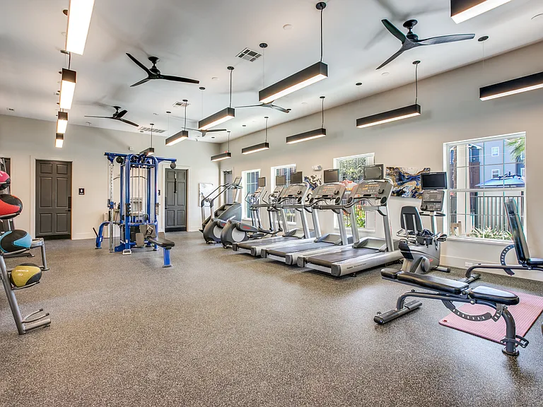 Fitness Center with treadmills, ellipticals,, and free weights.