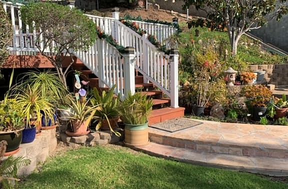Stairs to patio from private driveway