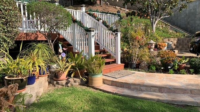 Stairs to patio from private driveway