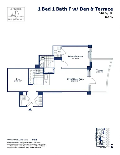 Floor plan 1 Bed 1 Bath F w/ Den and Terrace