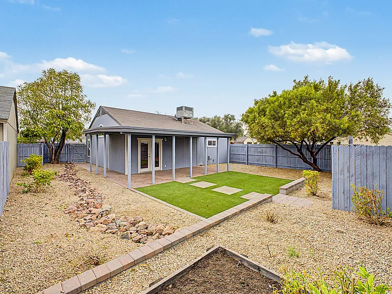 Backyard with low maintenance turf