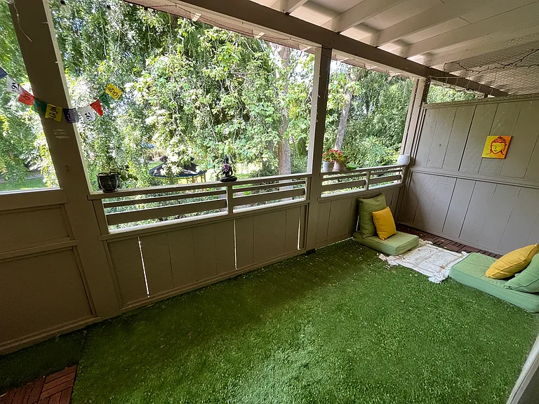 Outdoor decks offer beautiful space close to nature for yoga, relaxation, quiet conversation, and work. Many residents add carpet, as rains here are rarely strong enough to blow onto the decks.