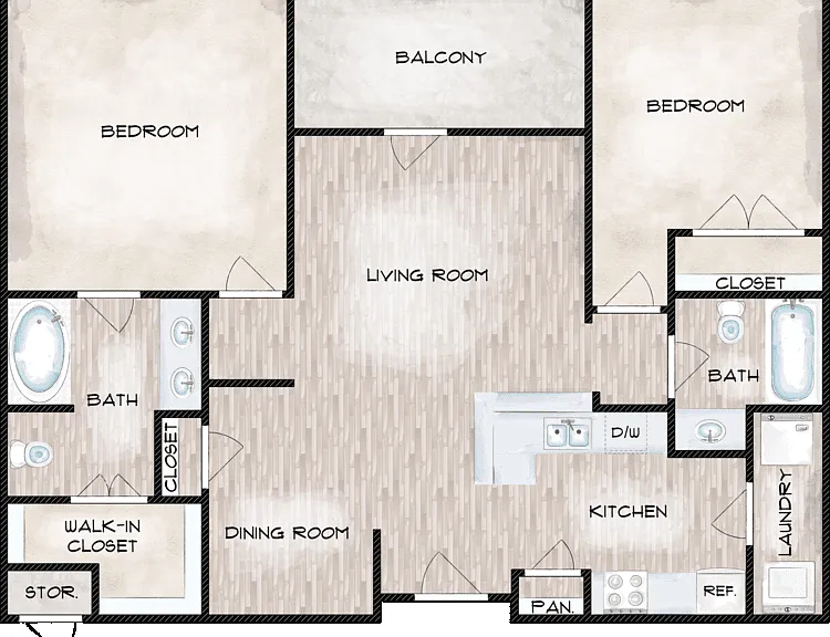 2 Bed 2 Bath Floorplan Diagram