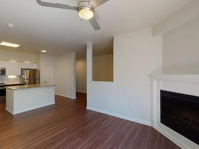 Apartment kitchen with stainless steel appliances, dining and living room with wood-style flooring and fireplace in select homes.