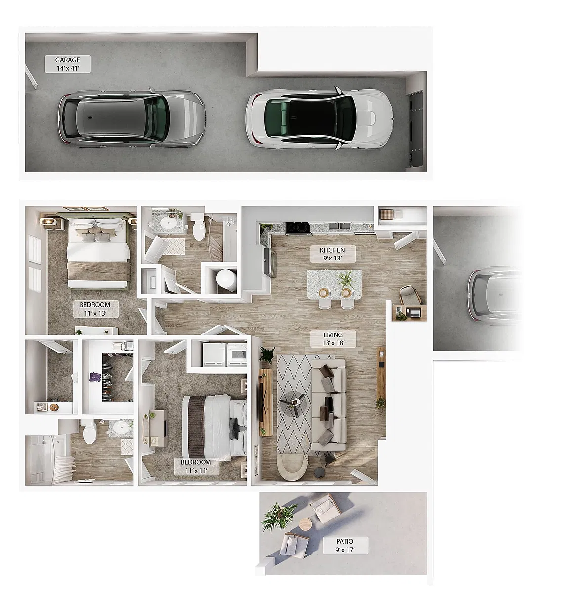 Floor plan 2 BR Designer Courtyard Garage