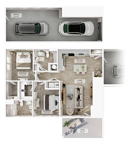 Floor plan 2 BR Designer Courtyard Garage