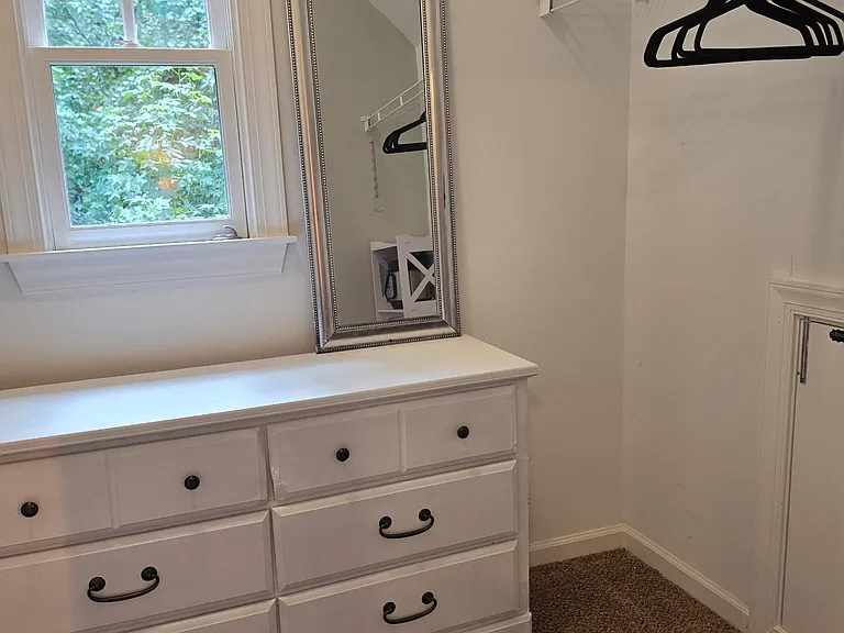 Bedroom includes a walk-in closet dresser for storage, a full-length mirror, and an open closet with shelf and hanging space.