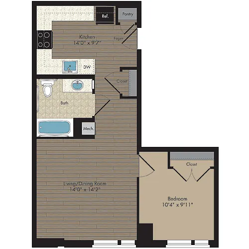 Floor plan 1 Bed/1 Bath 1.1l - 60%